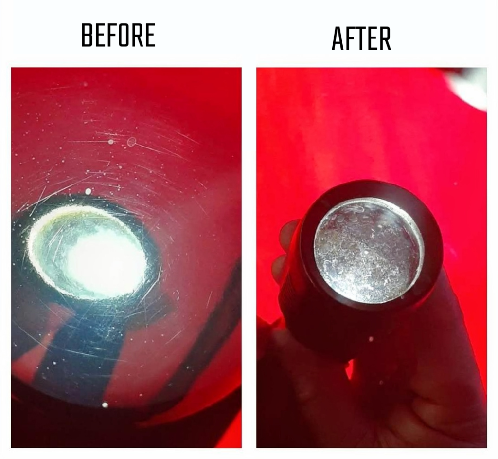 Before and after paint correction on red paint under an inspection light