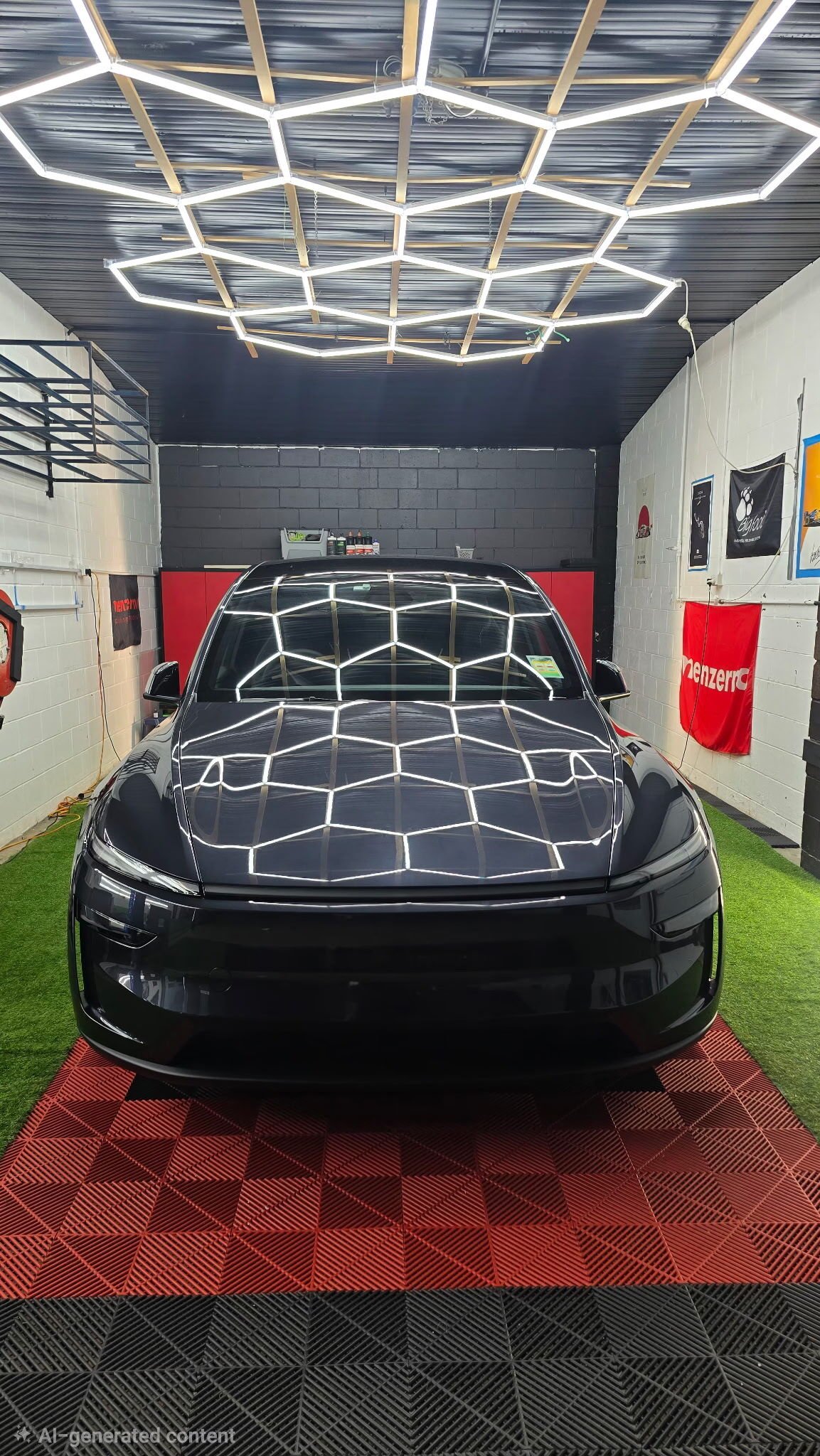 Black car with hexagon workshop lights reflecting off freshly coated paint