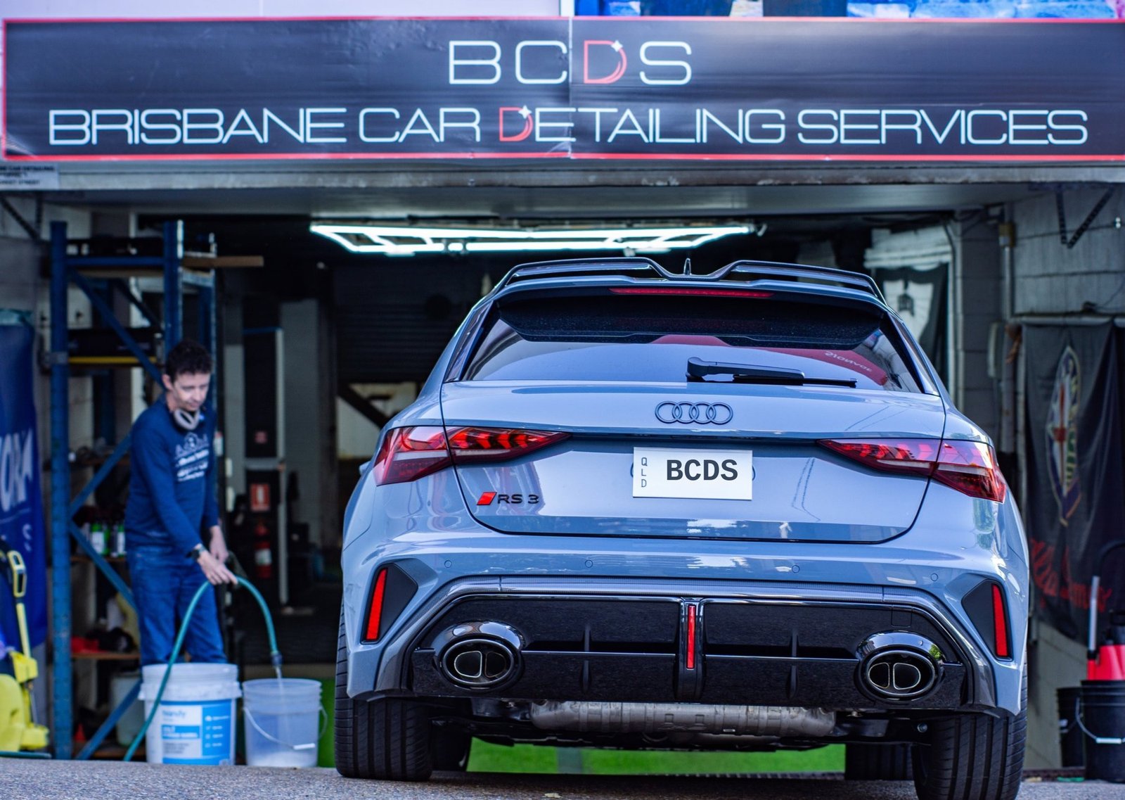 Audi RS3 leaving the Brisbane Car Detailing Services workshop after a specialist decontamination treatment