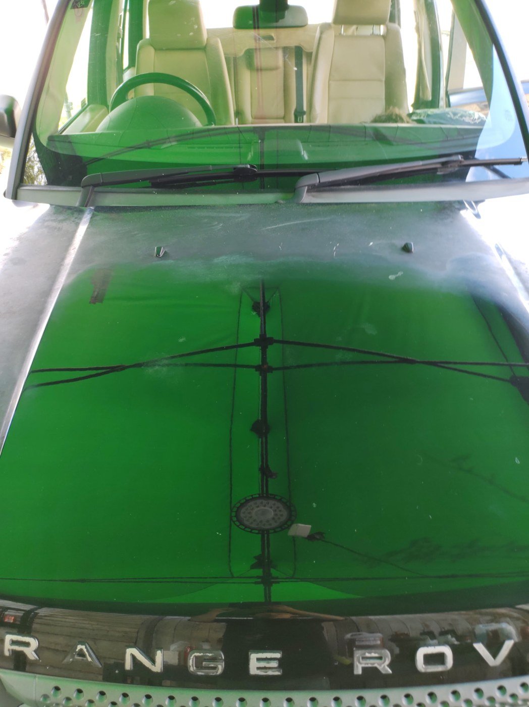 Same Range Rover bonnet after calcium deposit removal, with a clear even finish