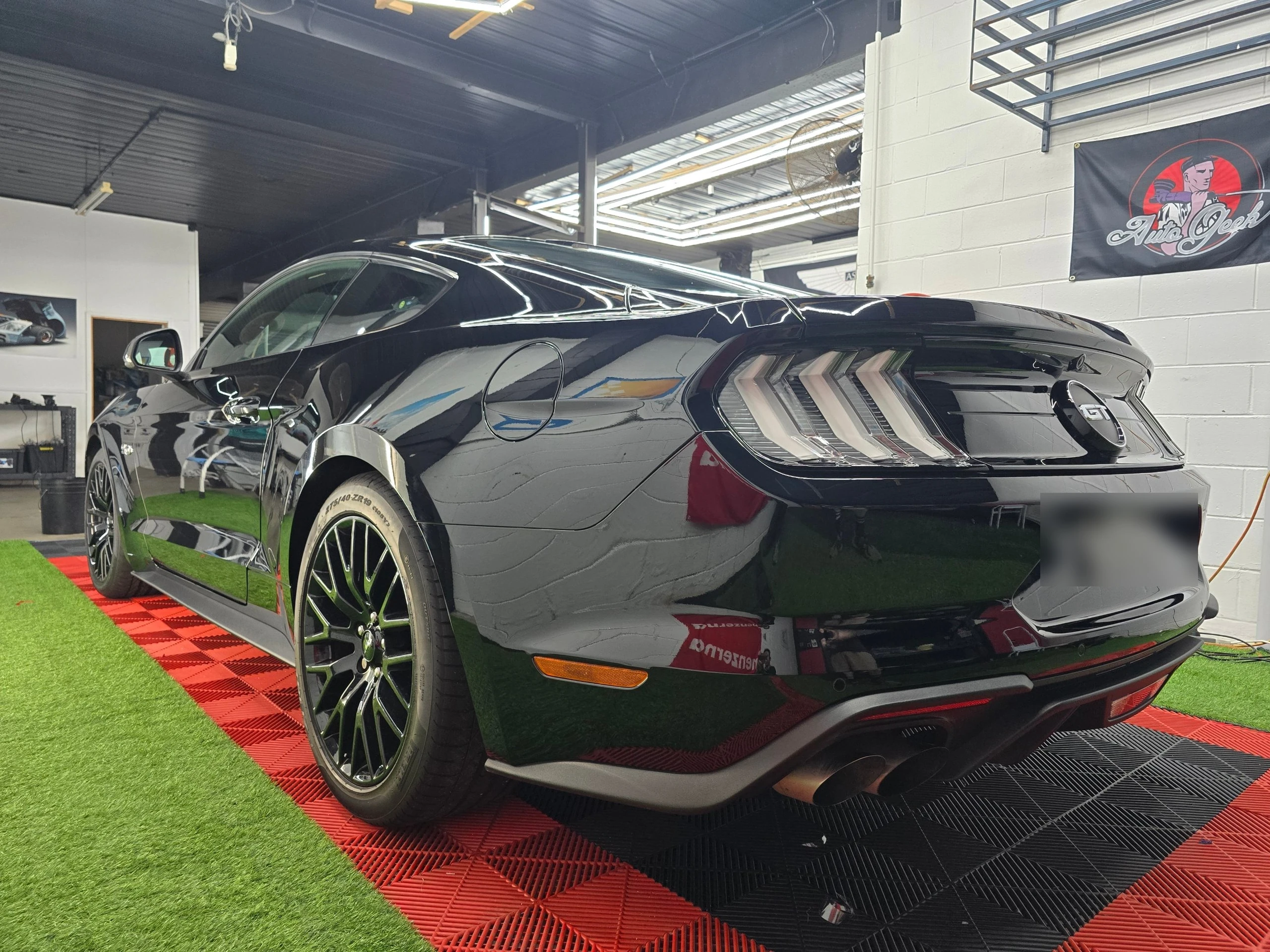 Ceramic coated Ford Mustang GT, rear three-quarter angle, reflecting the hexagon light rig at Brisbane Car Detailing Services